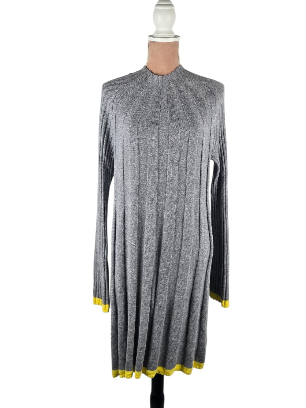 Anthropologie Arsenau Ribbed Sweater Dress Grey Yellow Trim Size Medium